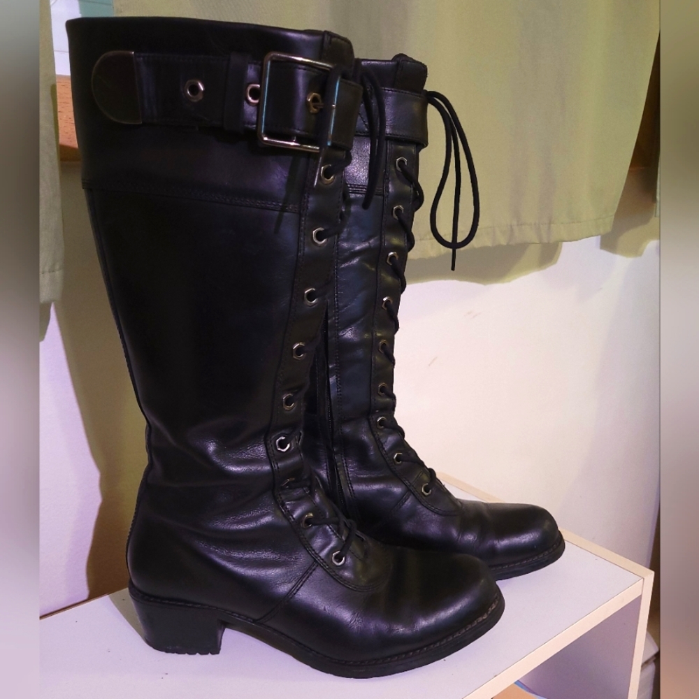 Womens 8 Tall Black Leather Aviator Boot